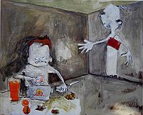 2. Mariel Sanhueza, ¿Qué estai haciendo?, acrílico, plumón y collage sobre madera, 2004